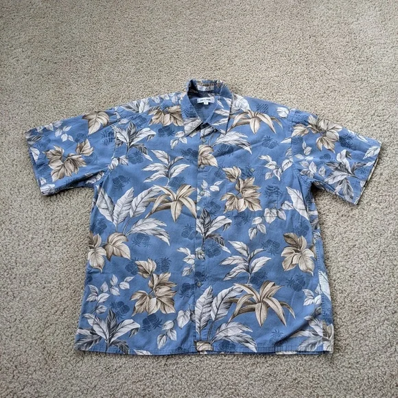 Pierre Cardin Hawaiian Shirt Men's XL Blue Tan Floral * - Picture 1 of 10